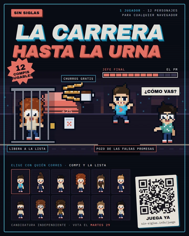 Carátula de La carrera hasta la urna: Compi salta el pozo de las falsas promesas entre una compañera enjaulada y el jefe final, el PM, que pregunta «¿cómo vas?»; abajo, los doce personajes para elegir