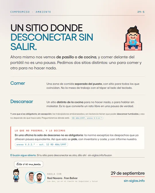 Cartel «Un sitio donde desconectar sin salir»: una zona para comer y otra para descansar, separadas del puesto.