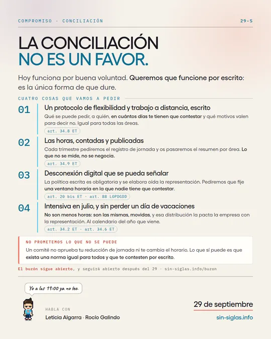 Cartel «La conciliación no es un favor»: las cuatro peticiones de conciliación por escrito.
