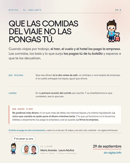 Cartel «Que las comidas del viaje no las pongas tú»: el anticipo de las dietas en los viajes de trabajo.
