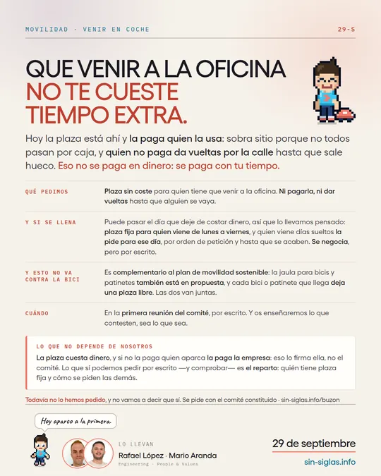Cartel «Que venir a la oficina no te cueste tiempo extra»: la plaza de aparcamiento sin coste.